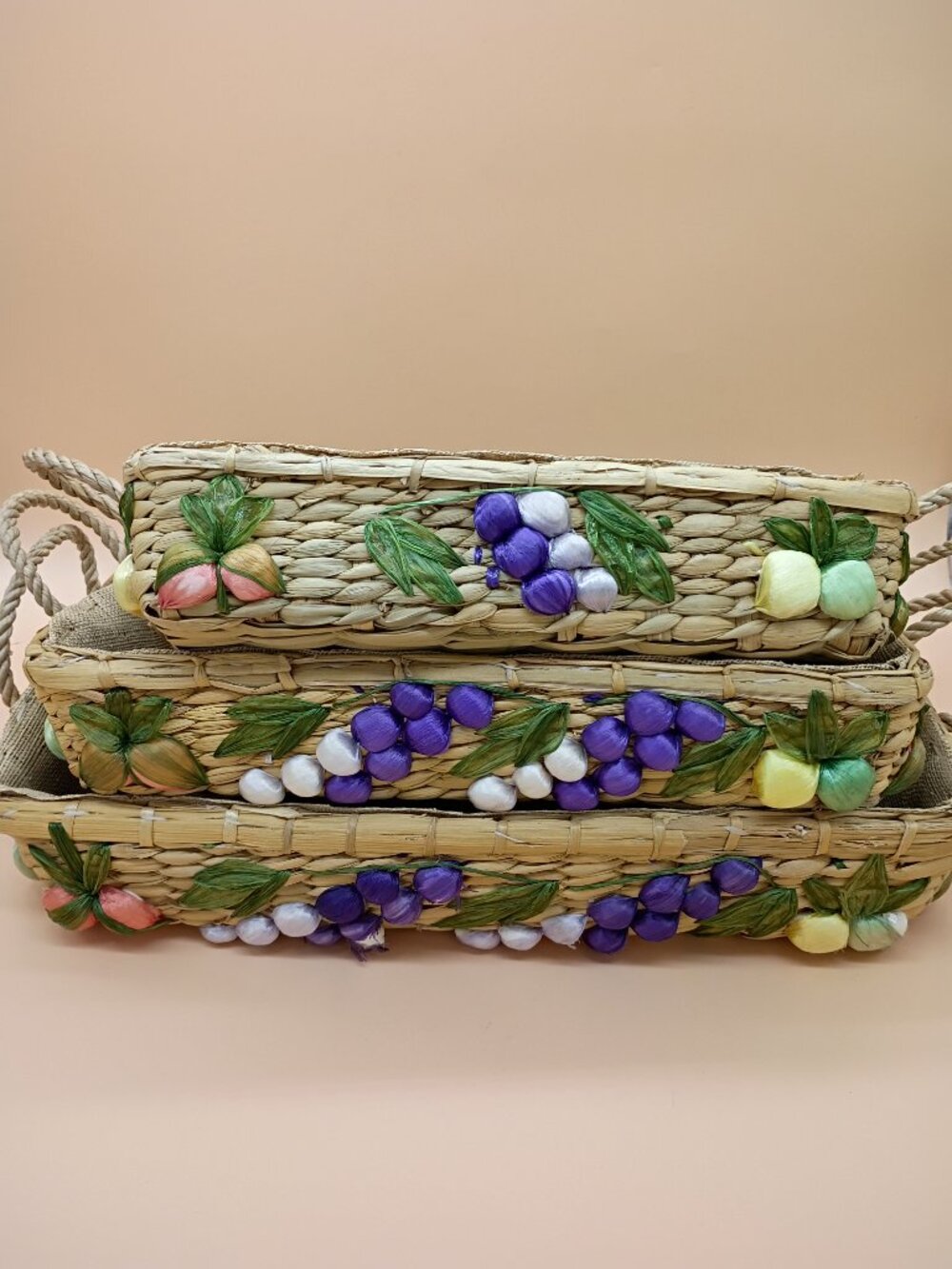 Set of 3 Nesting Casserole Dish Holders Raffia Grapes Fruit Vintage 1960s Pyrex
